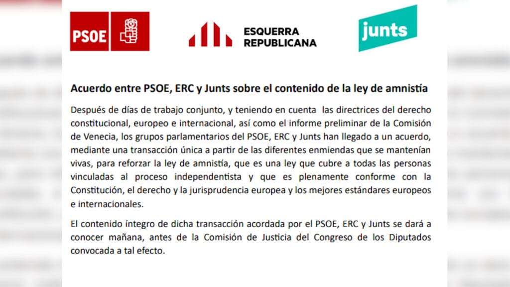 PSOE, Junts y ERC anuncian un acuerdo sobre la ley de amnistía