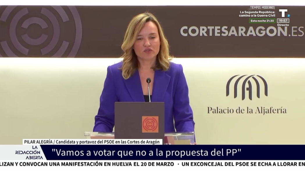 Pilar Alegría anuncia que votará en contra de Azcón en la votación de investidura